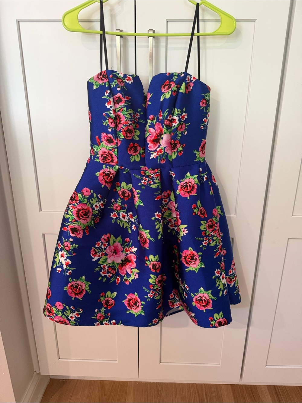 B Darlin Blue Floral Fit-and-Flare Dress with Pink Roses